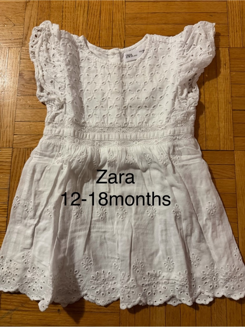 Zara White Eyelet Cotton Dress with Flutter Sleeves